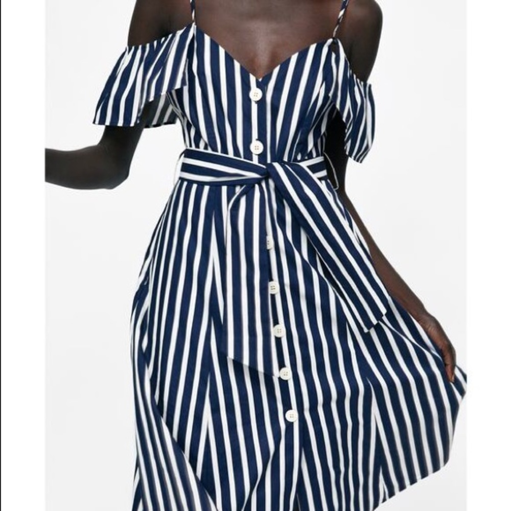 ZARA Blue White Stripe Off Shoulder Romper Sundress Short Casual Dress NWT